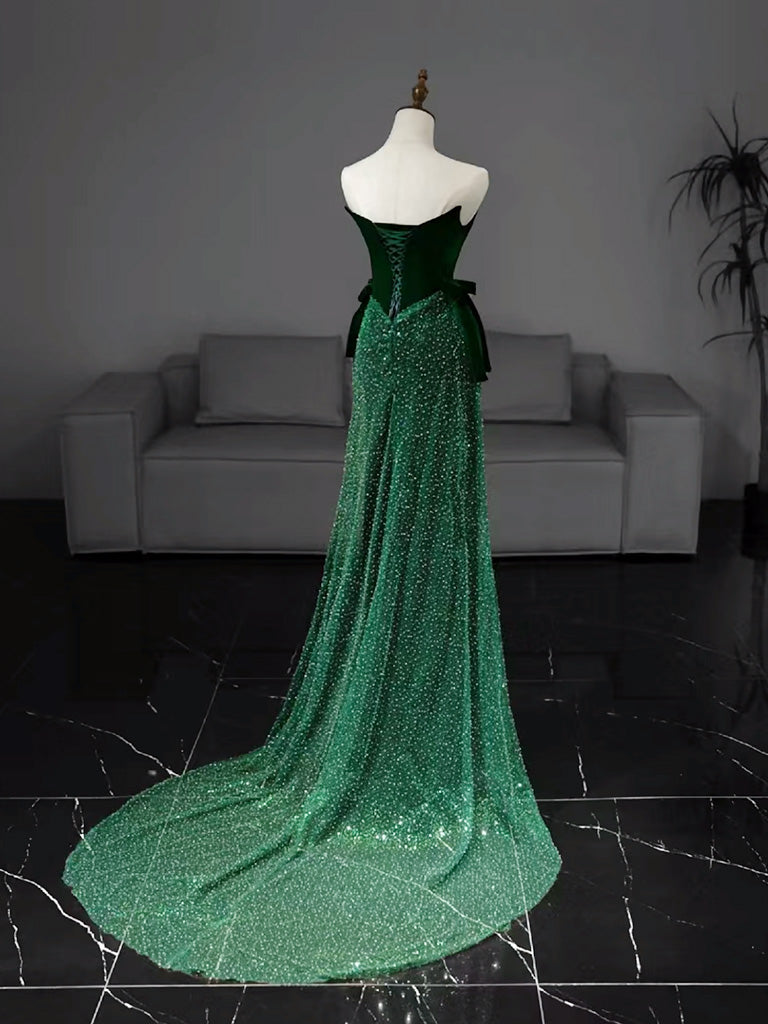 Mermaid Tulle Velvet Green Long Formal Prom Dresses, Green Long Formal Dresses