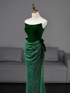 Mermaid Tulle Velvet Green Long Formal Prom Dresses, Green Long Formal Dresses