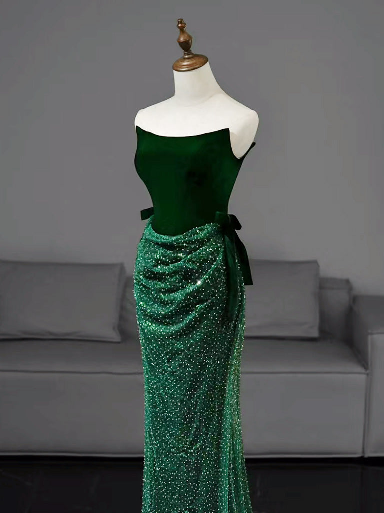 Mermaid Tulle Velvet Green Long Formal Prom Dresses, Green Long Formal Dresses
