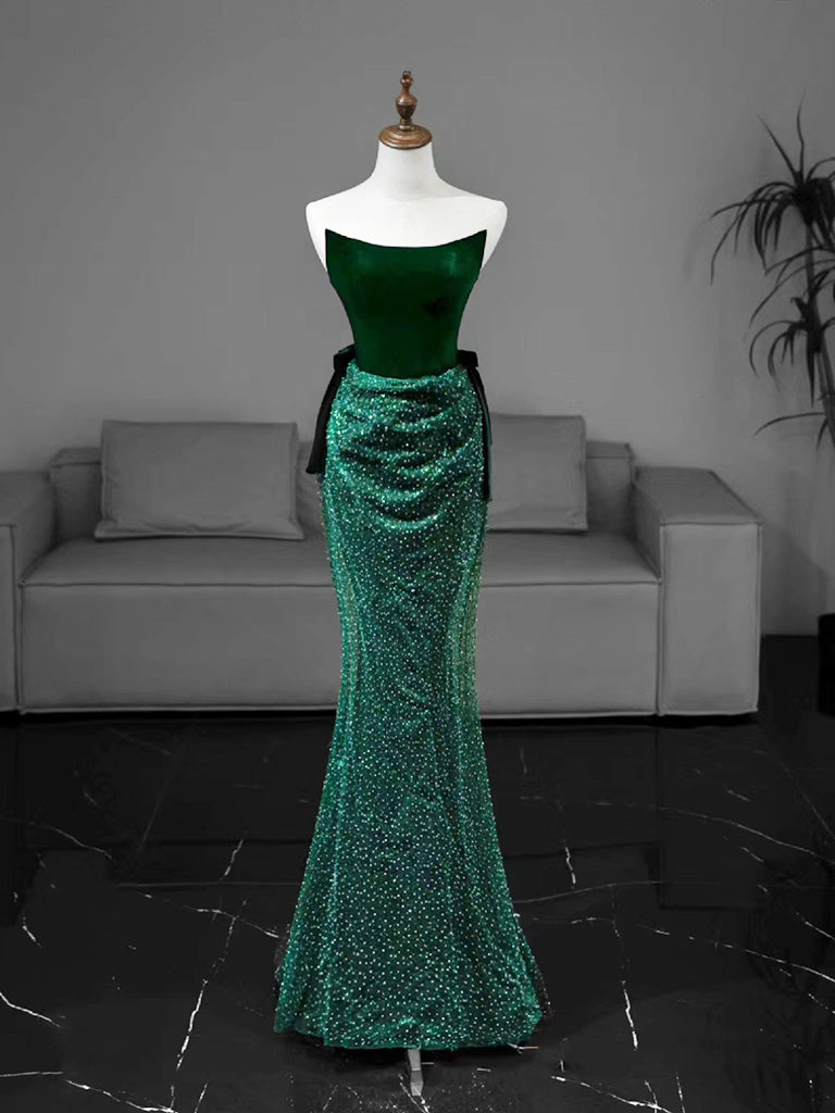 Mermaid Tulle Velvet Green Long Formal Prom Dresses, Green Long Formal Dresses