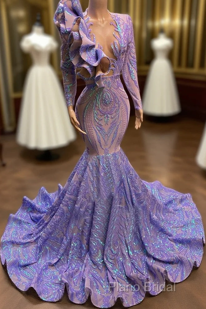 Mermaid V-Neck Appliques Lace Sequined Open Back Floor-Length Long Sleeve Formal Prom Dresses