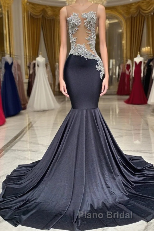 Mermaid V-neck Appliques Lace Sequined Open Back One Shoulder Floor-length Sleeveless Formal Prom Dress Main image