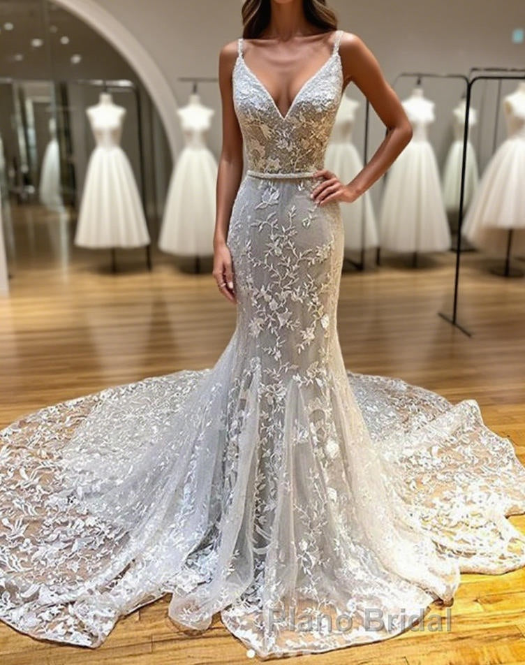 Mermaid V Neck Backless White Lace Long Formal Prom Dresses, Mermaid Ivory Lace Formal Dresses, Ivory Lace Evening Dresses Main image