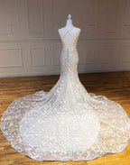 Mermaid V Neck Backless White Lace Long Formal Prom Dresses, Mermaid Ivory Lace Formal Dresses, Ivory Lace Evening Dresses