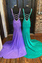 Mermaid V-Neck Beaded Satin Prom Dress with Cross Back