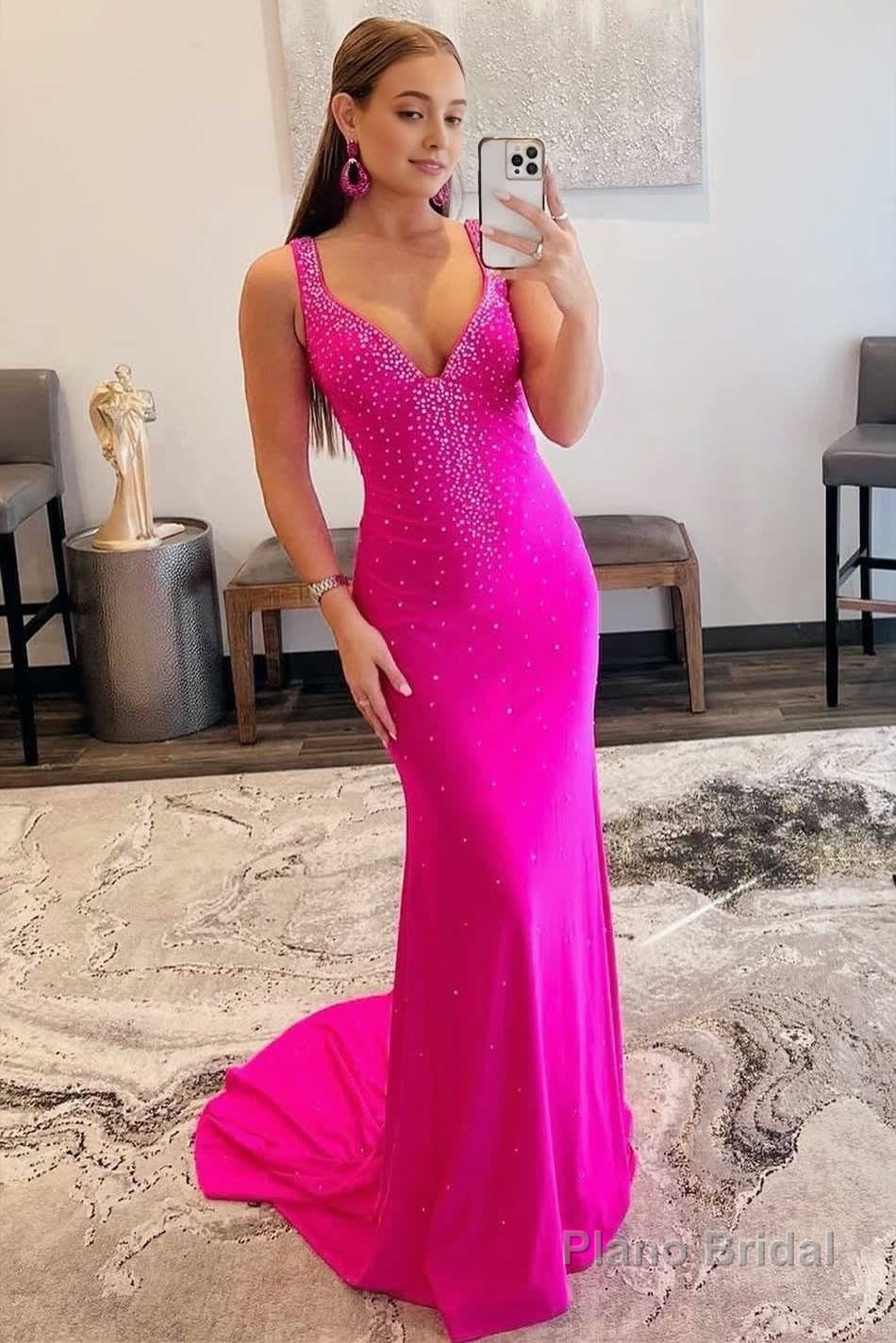 Mermaid V-Neck Beaded Satin Prom Dress with Cross Back Main image