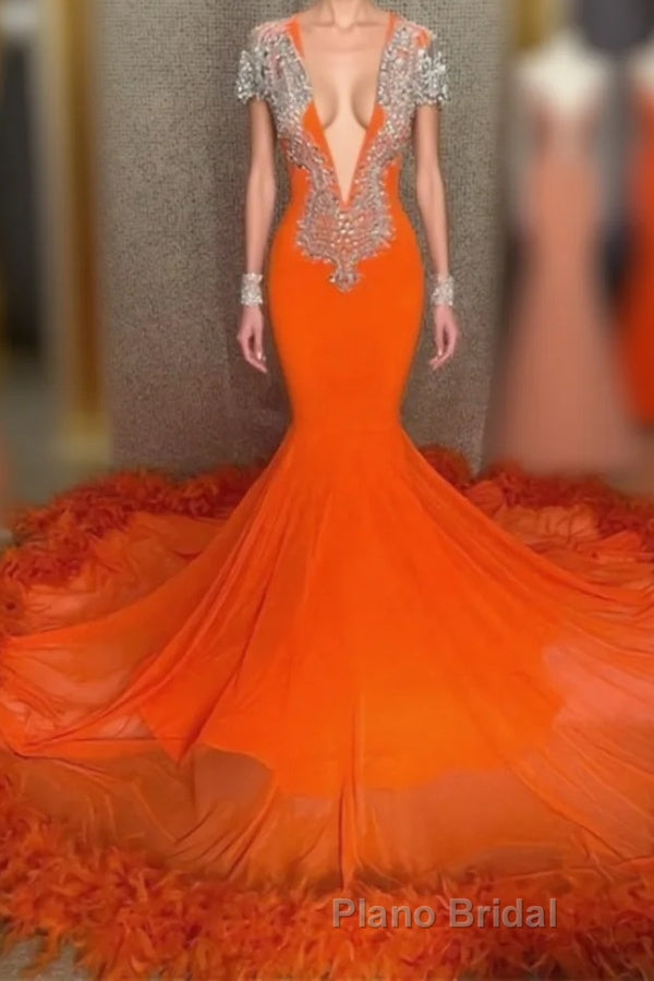 Mermaid V-neck Beaded Sequined Floor-length Long Sleeves With Feather Formal Prom Dress Main image