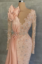 Mermaid V-neck Beading Sequined Floor-length Long Sleeve Appliques Lace Flower Prom Dress