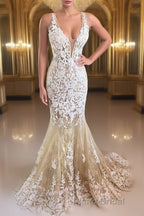 Mermaid V Neck Champagne Lace Formal Prom Dress, Mermaid Champagne Formal Dress, Champagne Lace Evening Dress