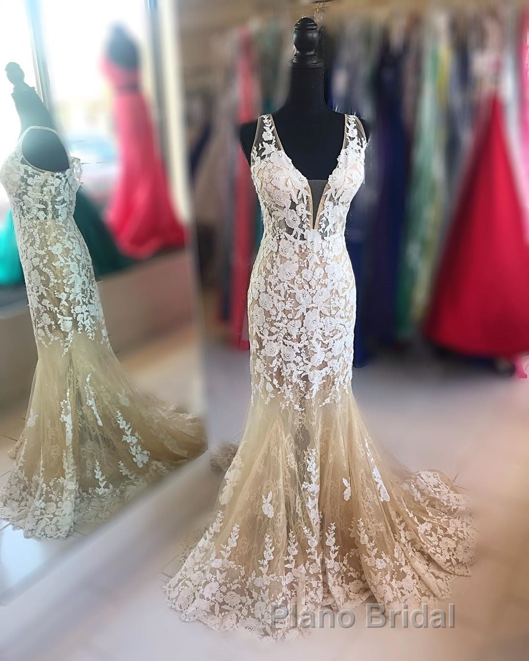 Mermaid V Neck Champagne Lace Formal Prom Dress, Mermaid Champagne Formal Dress, Champagne Lace Evening Dress Secondary image