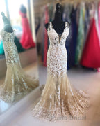 Mermaid V Neck Champagne Lace Formal Prom Dress, Mermaid Champagne Formal Dress, Champagne Lace Evening Dress