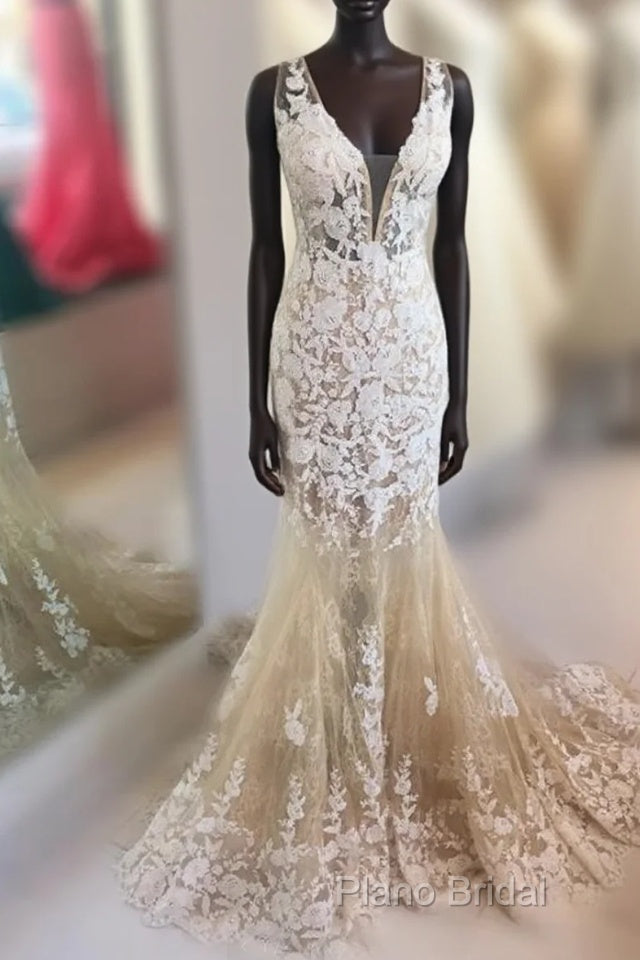 Mermaid V Neck Champagne Lace Formal Prom Dresses, Mermaid Champagne Formal Dresses Main image