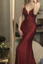 Mermaid V Neck Cross Back Burgundy Satin Long Formal Prom Dresses