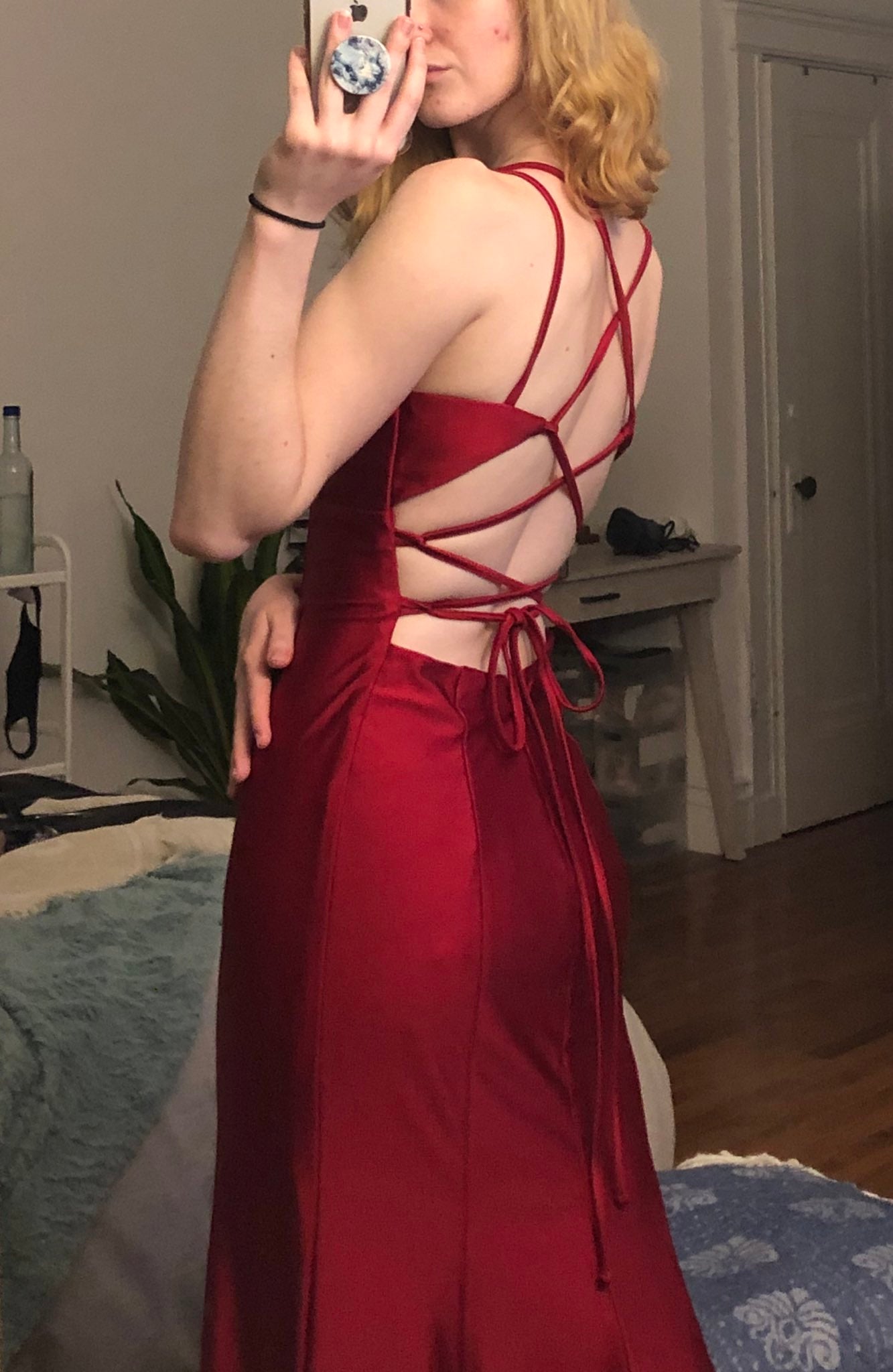 Mermaid V Neck Cross Back Burgundy Satin Long Formal Prom Dresses
