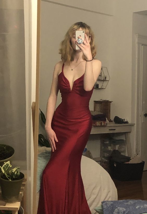 Mermaid V Neck Cross Back Burgundy Satin Long Formal Prom Dresses Main image