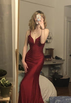 Mermaid V Neck Cross Back Burgundy Satin Long Formal Prom Dresses