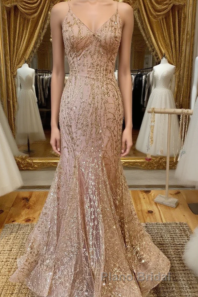 Mermaid V Neck Rose Gold Formal Prom Dress Stunning Evening Dress Main image