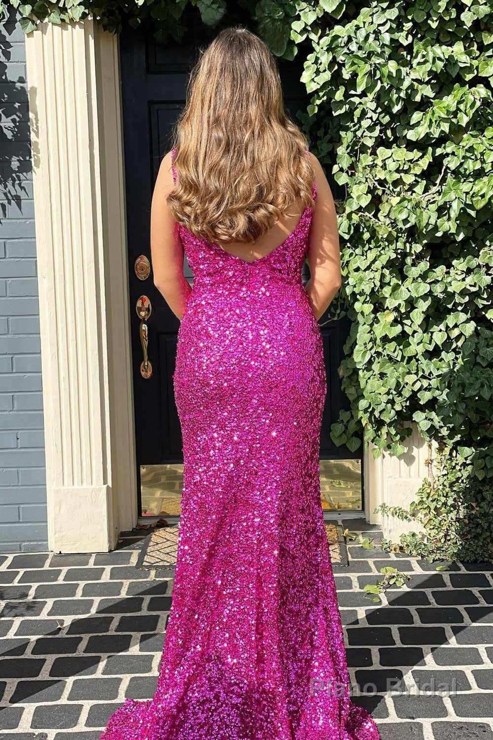 Mermaid V Neck Fuchsia Sequins Long Prom Dress Secondary image