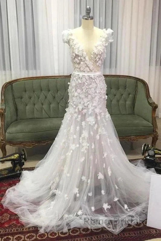 Mermaid V Neck Hand Made Flowers Tulle Wedding Dresses