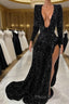 Mermaid V-neck High Split Sequined Floor-length Long Sleeve Formal Prom Dress