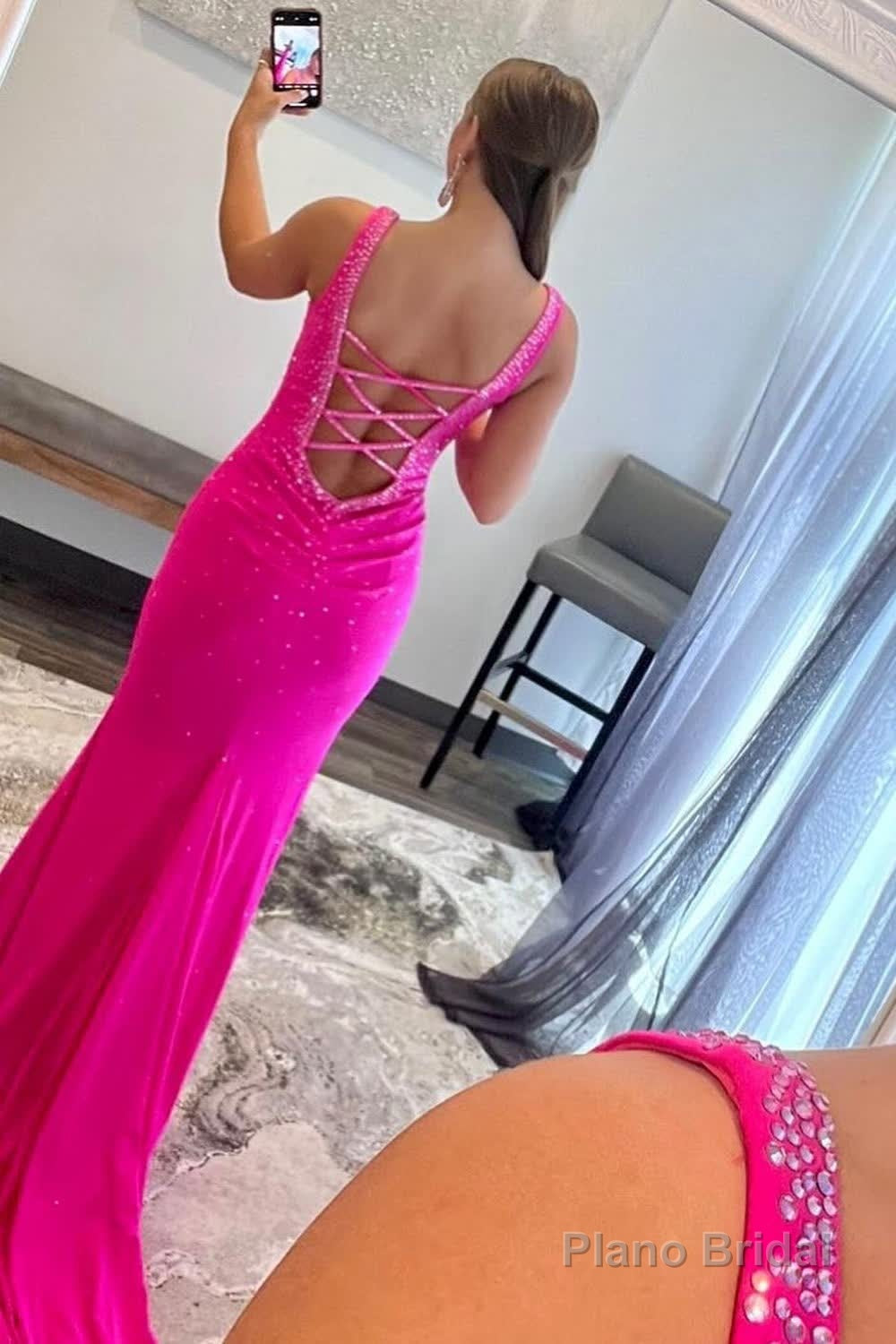 Mermaid V Neck Hot Pink Long Prom Dress with Beading Secondary image