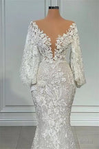Mermaid V-neck Lace Floor-length Long Sleeve Applique Beaded Wedding Dress