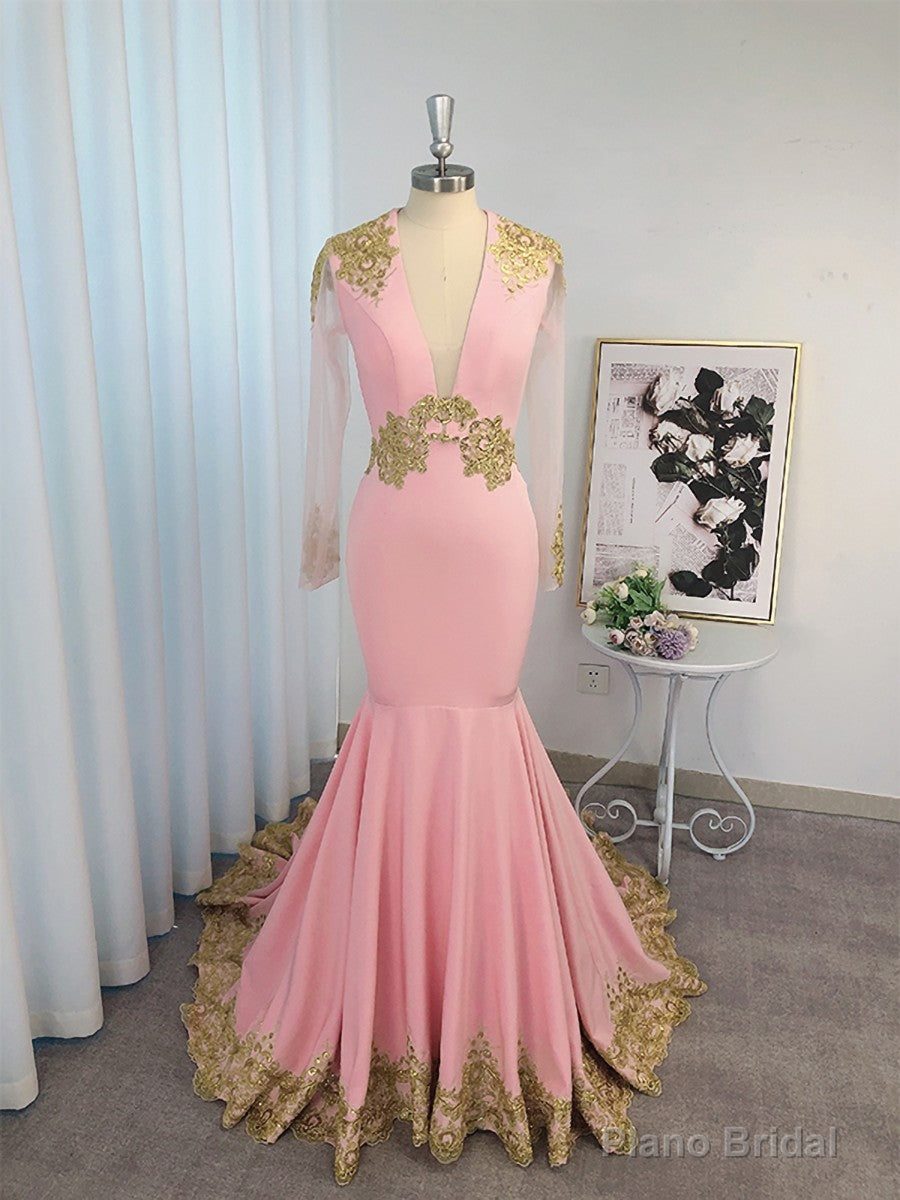 Mermaid V-neck Long Sleeves Appliques Lace Sweep Train Charmeuse Dress Main image