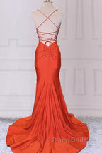 Mermaid V Neck Orange Formal Prom Dresses Spaghetti Straps