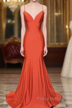 Mermaid V Neck Orange Formal Prom Dresses Spaghetti Straps