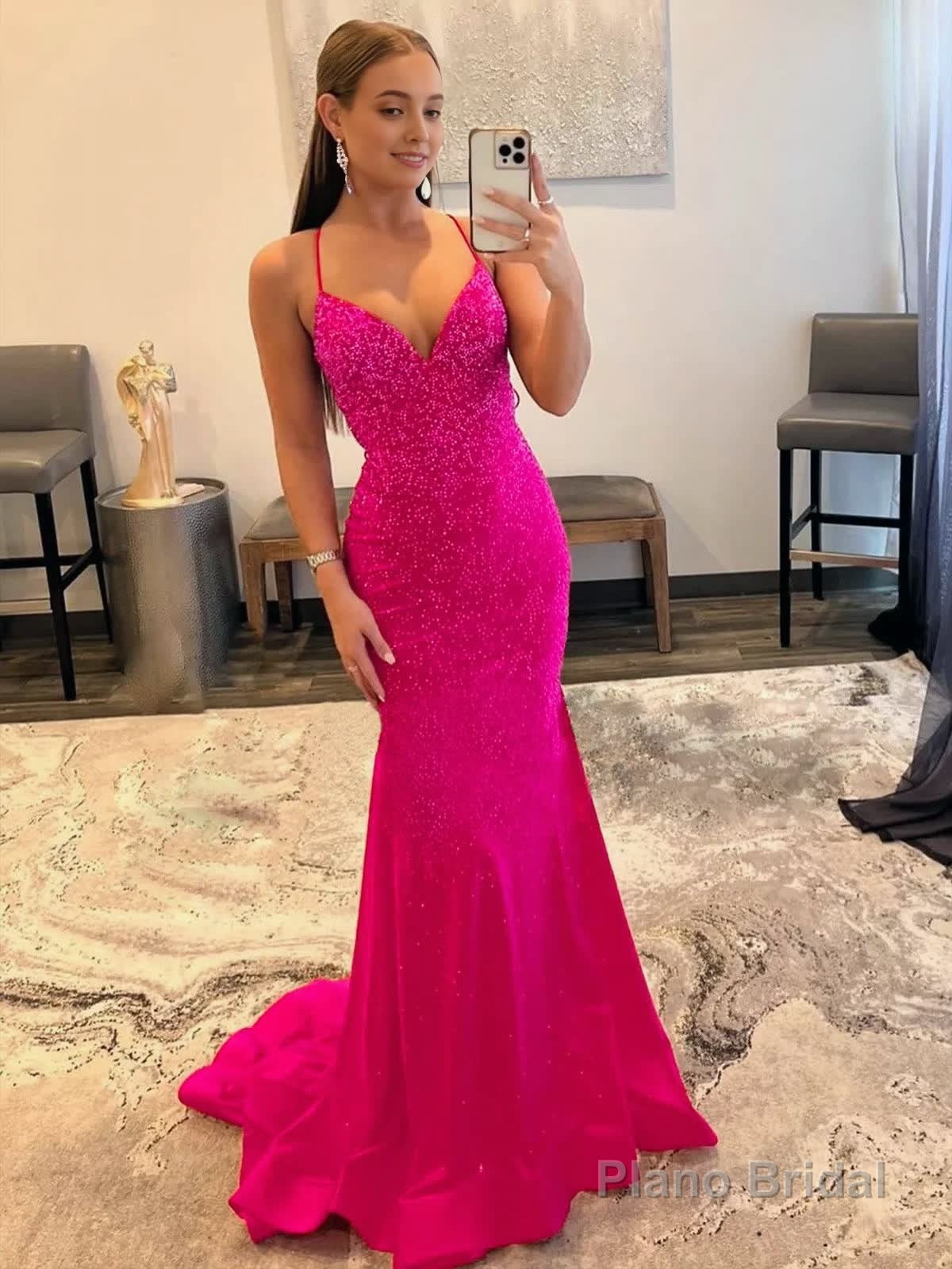 Mermaid V Neck Red Glitter Satin Prom Dress