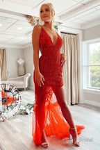Mermaid V Neck Red Long Prom Dress with Embroidery