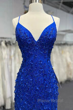 Mermaid V Neck Royal Blue Beade Applique Tulle Long Formal Prom Dresses, Evening Dresses