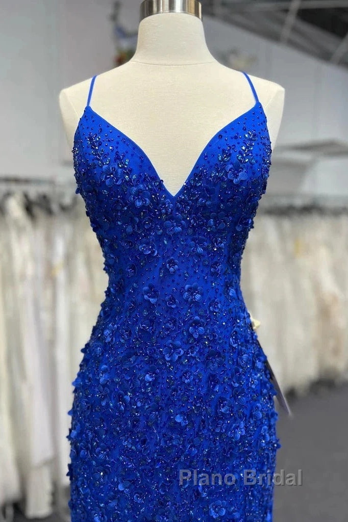 Mermaid V Neck Royal Blue Beade Applique Tulle Long Formal Prom Dresses, Evening Dresses Secondary image