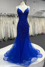 Mermaid V Neck Royal Blue Beade Applique Tulle Long Formal Prom Dresses, Evening Dresses