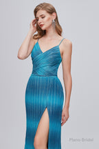 Mermaid V-Neck Ruched Long Prom Dresses with Slit