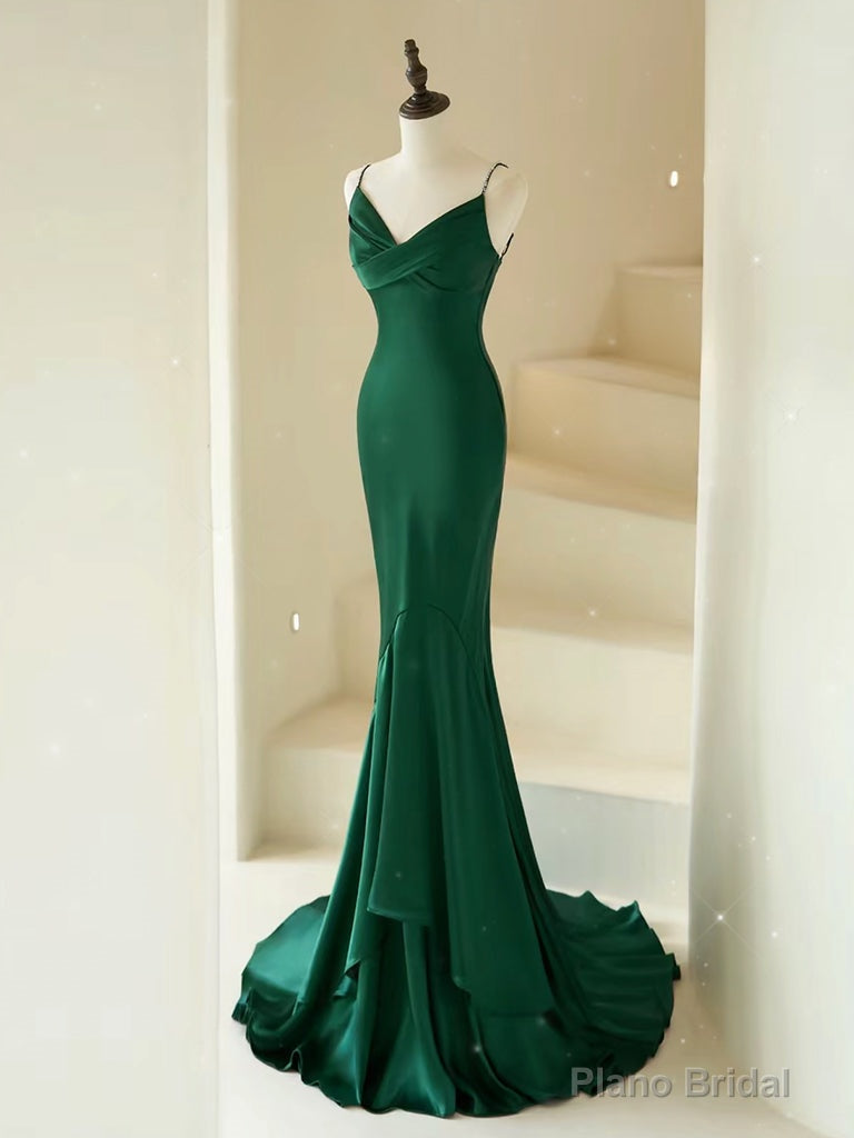 Mermaid V Neck Satin Green Long Prom Dress, Green Long Evening Dress Secondary image