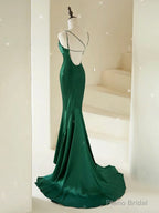 Mermaid V Neck Satin Green Long Prom Dress, Green Long Evening Dress