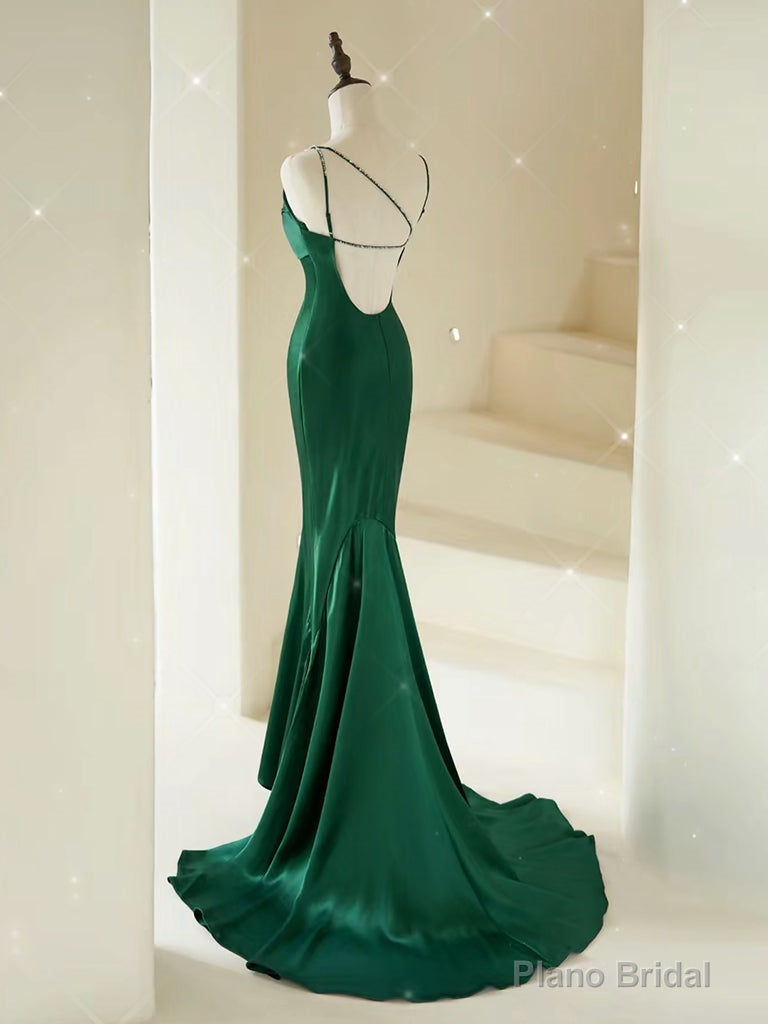 Mermaid V Neck Satin Green Long Prom Dress, Green Long Evening Dress