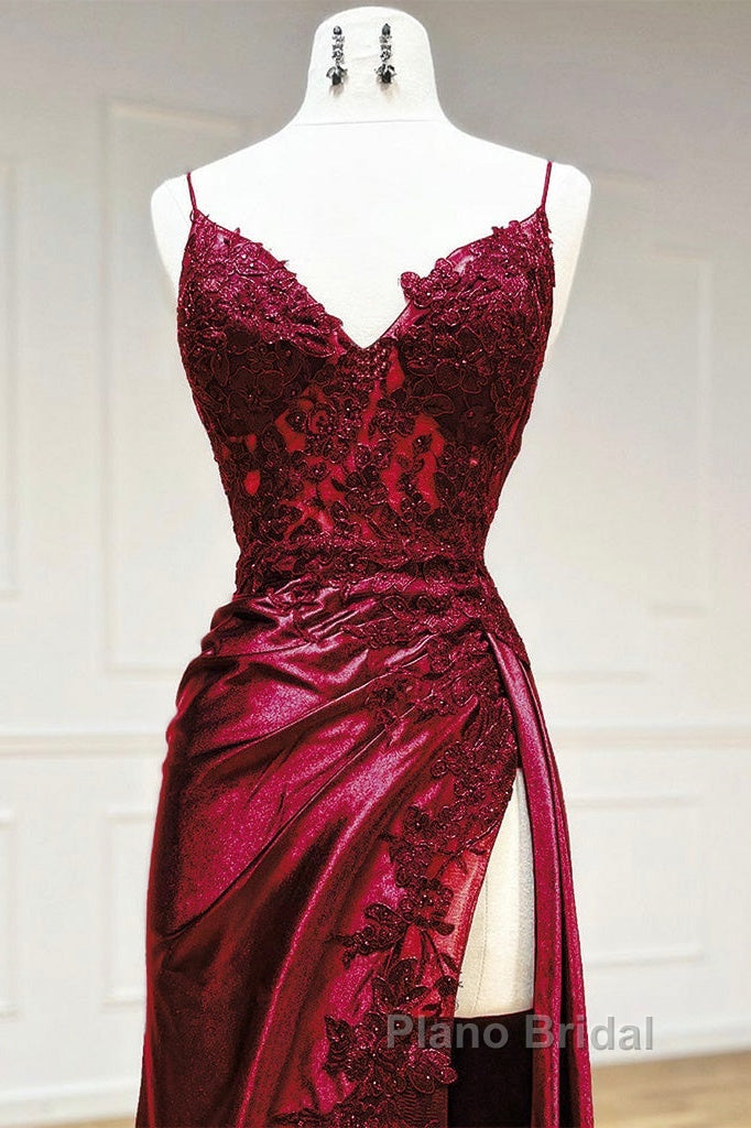 Mermaid V Neck Satin Lace Burgundy Long Formal Prom Dresses, Burgundy Long Formal Dresses