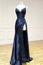 Mermaid V Neck Satin Lace Burgundy Long Formal Prom Dresses, Burgundy Long Formal Dresses