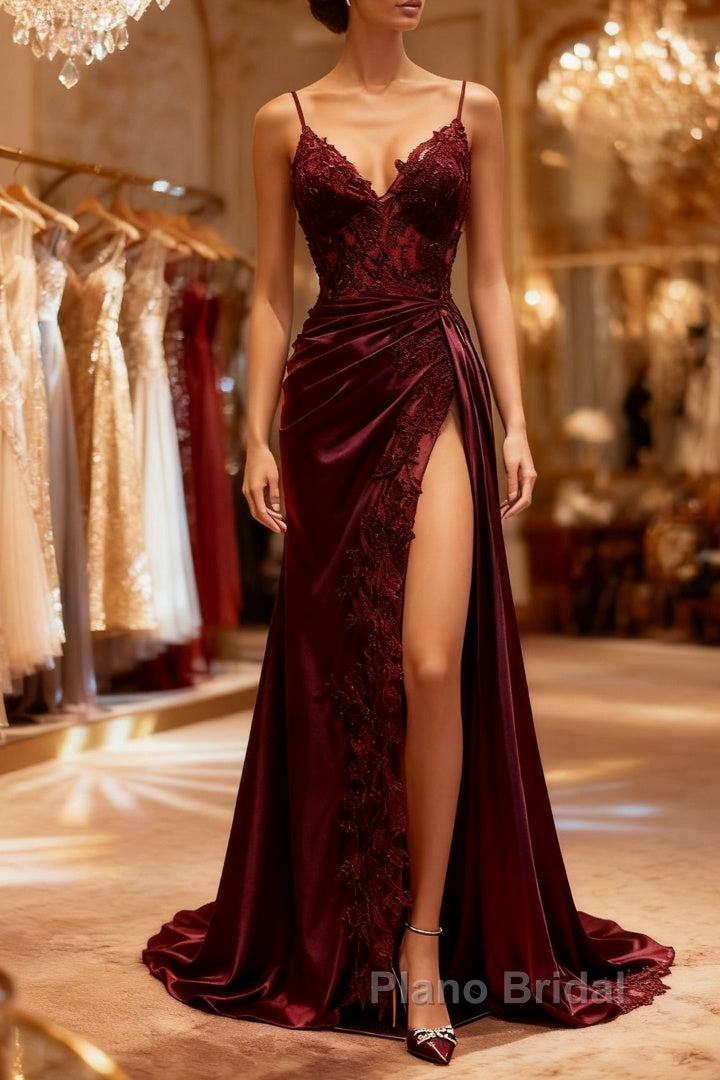 Mermaid V Neck Satin Lace Burgundy Long Formal Prom Dresses, Burgundy Long Formal Dresses Main image