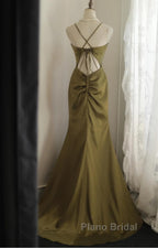Mermaid V-Neck Satin Long Formal Prom Dresses Elegant Spaghetti Strap Formal Dresses