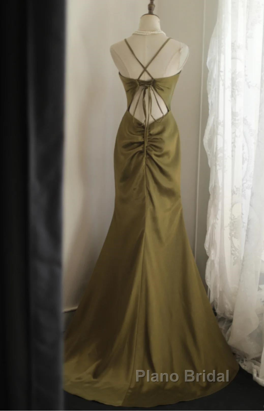 Mermaid V-Neck Satin Long Formal Prom Dresses Elegant Spaghetti Strap Formal Dresses