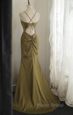 Mermaid V-Neck Satin Long Formal Prom Dresses Elegant Spaghetti Strap Formal Dresses