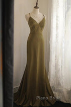 Mermaid V-Neck Satin Long Formal Prom Dresses Elegant Spaghetti Strap Formal Dresses