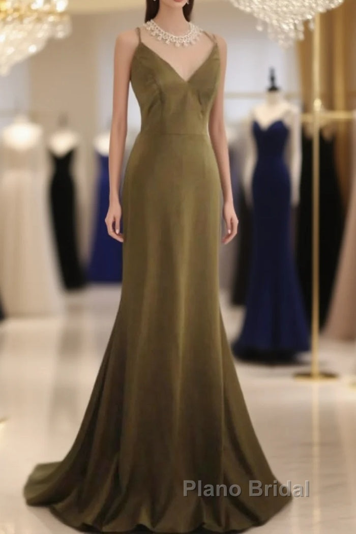 Mermaid V-Neck Satin Long Formal Prom Dresses Elegant Spaghetti Strap Formal Dresses