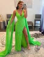 Mermaid V Neck Sequin Prom Dress with Slit