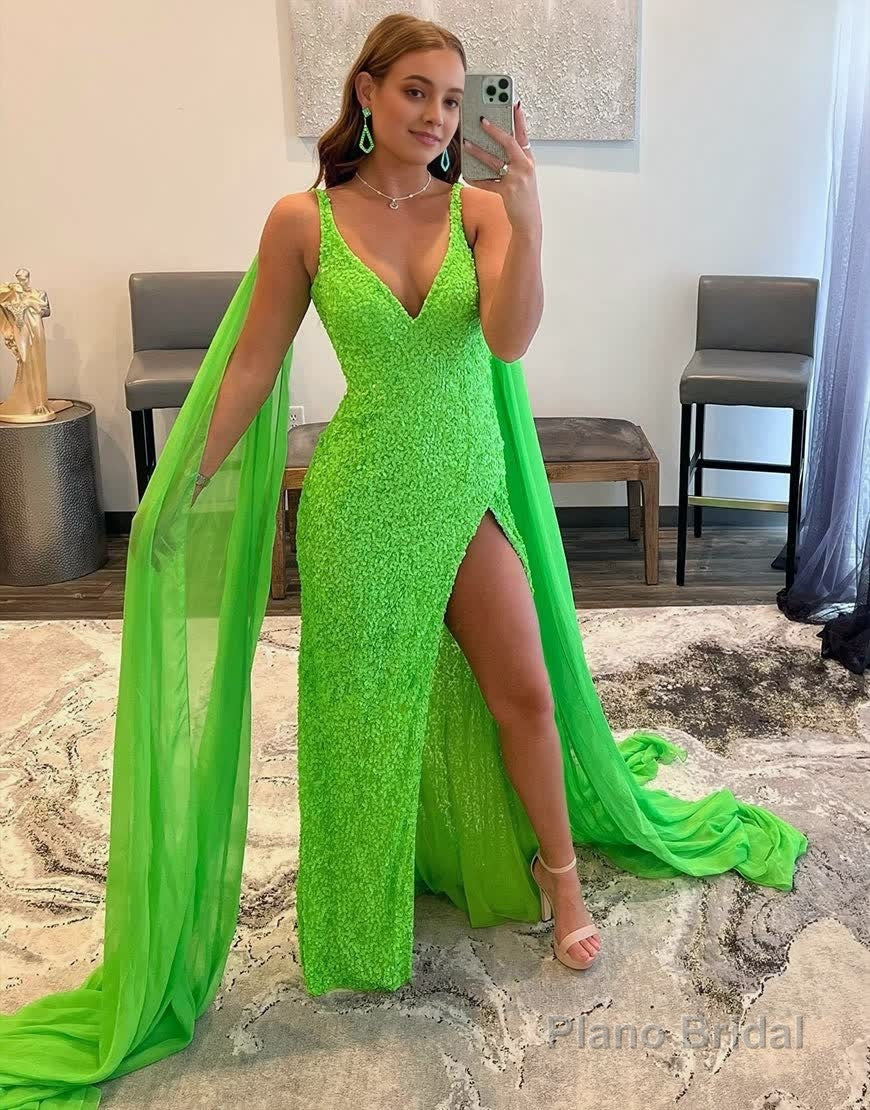 Mermaid V Neck Sequin Prom Dress with Slit