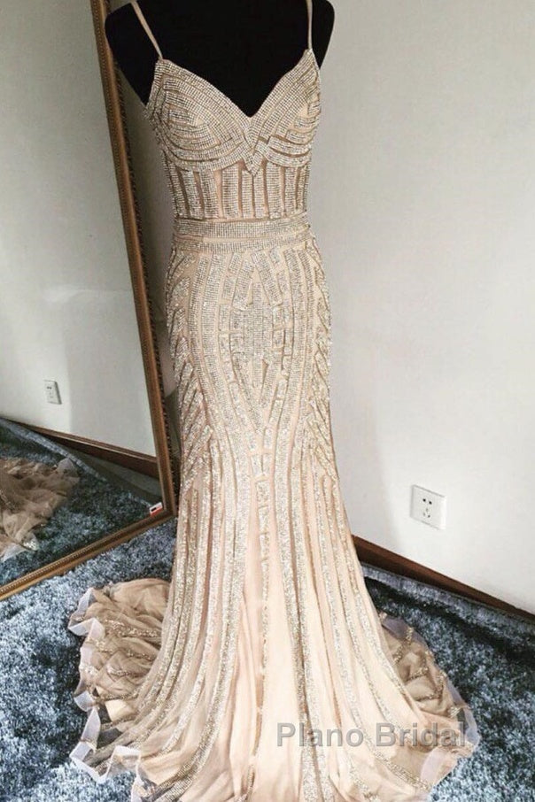 Mermaid V Neck Sequined Black Formal Prom Dresses Spaghetti Straps