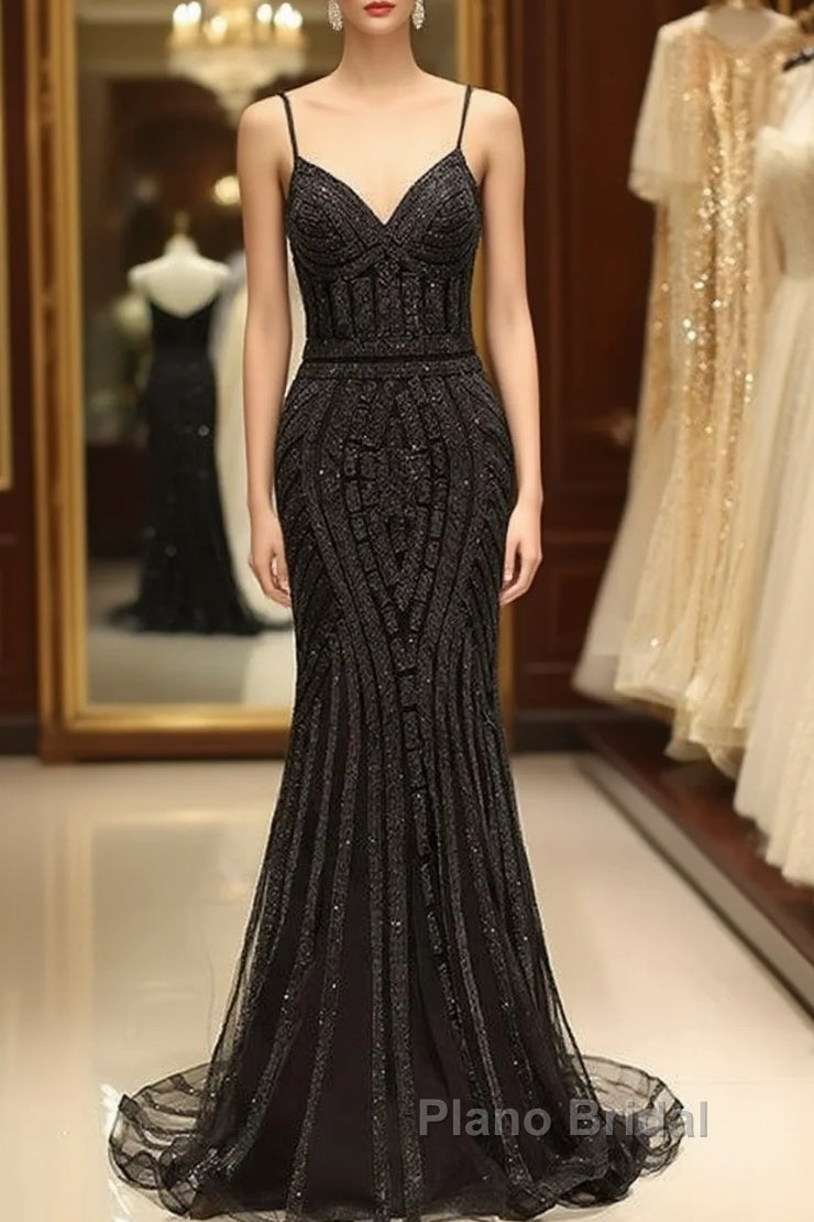 Mermaid V Neck Sequined Black Formal Prom Dresses Spaghetti Straps Main image